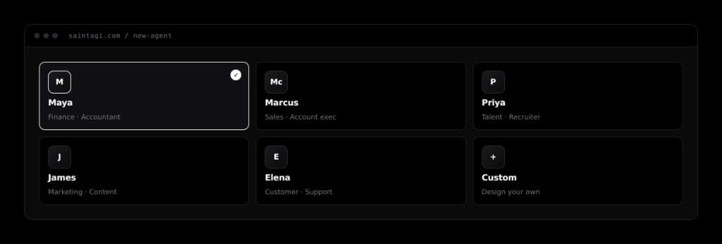 Saint AGI persona selection screen showing Maya, Marcus, Priya, James, Elena, and a custom agent option.