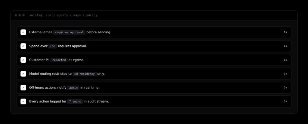 Saint AGI policy screen showing approval, spend, PII, model routing, notification, and audit stream guardrails.